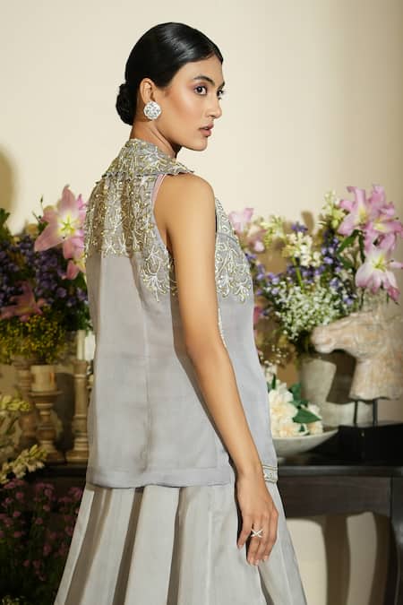 Shop_Megha Bansal_Purple Silk Organza, Satin, Viscose Floral Embroidered Jacket Lehenga Set _at_Aza_Fashions