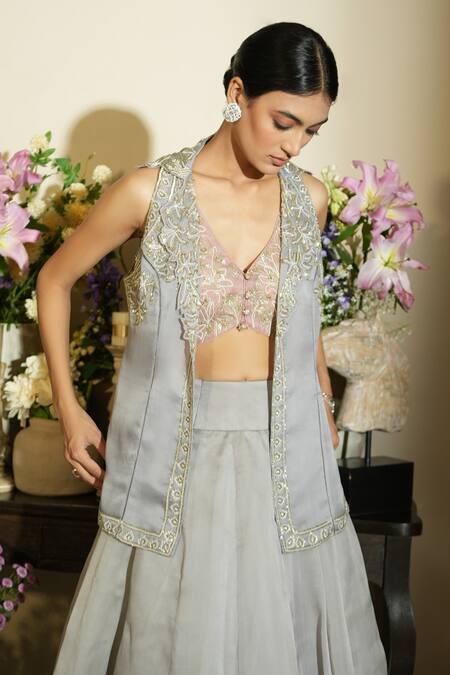 Shop_Megha Bansal_Purple Silk Organza, Satin, Viscose Floral Embroidered Jacket Lehenga Set _Online_at_Aza_Fashions