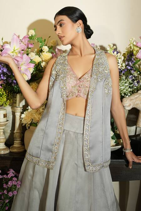 Megha Bansal_Purple Silk Organza, Satin, Viscose Floral Embroidered Jacket Lehenga Set _at_Aza_Fashions