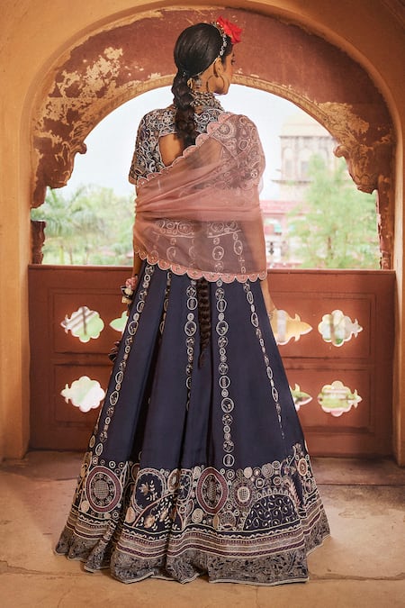 Shop_Megha Bansal_Blue Silk Organza, Silk, Viscose Aishani Vrit Geometric Embroidered Lehenga Set _at_Aza_Fashions