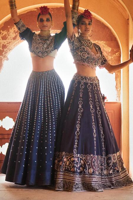 Megha Bansal_Blue Silk Organza, Silk, Viscose Aishani Vrit Geometric Embroidered Lehenga Set _Online_at_Aza_Fashions