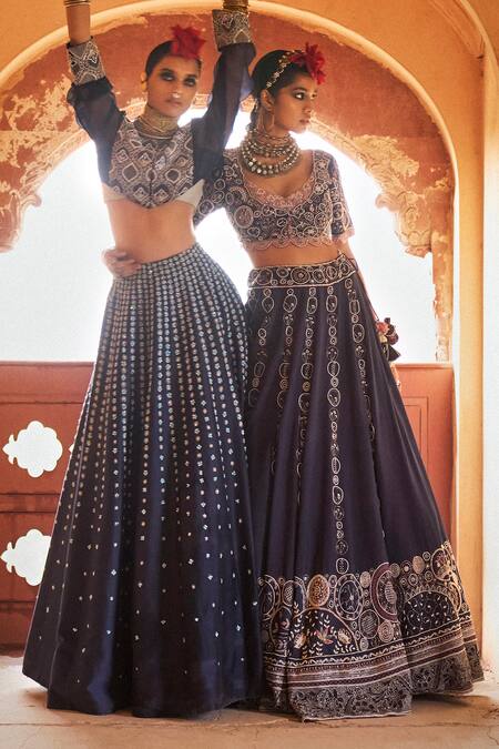 Buy_Megha Bansal_Blue Silk Organza, Silk, Viscose Aishani Vrit Geometric Embroidered Lehenga Set _Online_at_Aza_Fashions