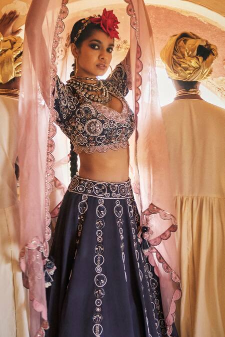 Shop_Megha Bansal_Blue Silk Organza, Silk, Viscose Aishani Vrit Geometric Embroidered Lehenga Set _Online_at_Aza_Fashions