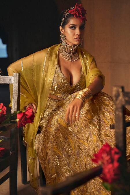 Megha Bansal_Green Organza, Sequins, Sona Ruhaani Foliage Embroidered Lehenga Set _at_Aza_Fashions