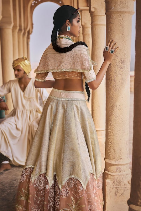 Shop_Megha Bansal_Pink Silk Organza Gota Patti, Pearls, Kahksha Cutdana Embellished Lehenga Set _at_Aza_Fashions