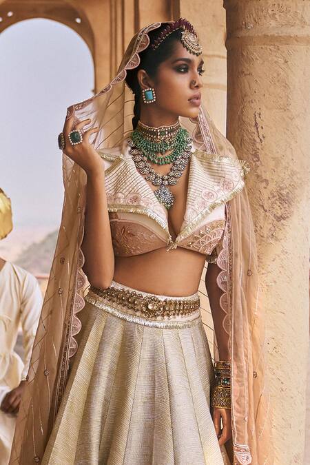 Megha Bansal_Pink Silk Organza Gota Patti, Pearls, Kahksha Cutdana Embellished Lehenga Set _Online_at_Aza_Fashions