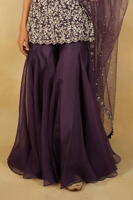 Megha Bansal_Purple Silk Organza, Tulle Sequins, Luna Cutdana Embroidered Kurta Sharara Set _Online_at_Aza_Fashions