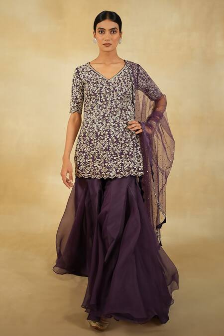 Shop_Megha Bansal_Purple Silk Organza, Tulle Sequins, Luna Cutdana Embroidered Kurta Sharara Set _at_Aza_Fashions