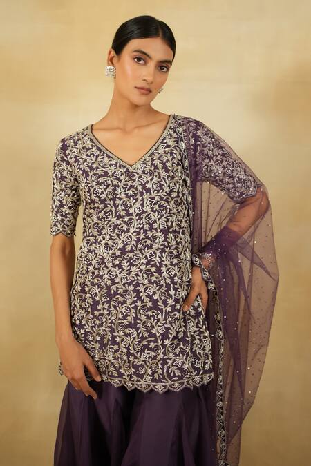 Buy_Megha Bansal_Purple Silk Organza, Tulle Sequins, Luna Cutdana Embroidered Kurta Sharara Set _Online_at_Aza_Fashions