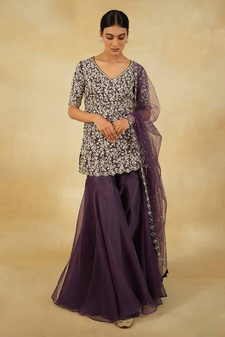 Shop_Megha Bansal_Purple Silk Organza, Tulle Sequins, Luna Cutdana Embroidered Kurta Sharara Set _Online_at_Aza_Fashions