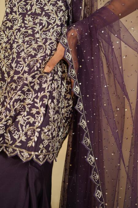 Megha Bansal_Purple Silk Organza, Tulle Sequins, Luna Cutdana Embroidered Kurta Sharara Set _at_Aza_Fashions