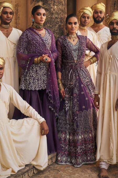 Buy_Megha Bansal_Purple Silk Organza, Tulle Sequins, Luna Cutdana Embroidered Kurta Sharara Set 
