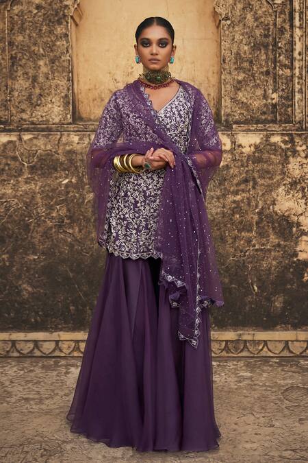 Shop_Megha Bansal_Purple Silk Organza, Tulle Sequins, Luna Cutdana Embroidered Kurta Sharara Set 