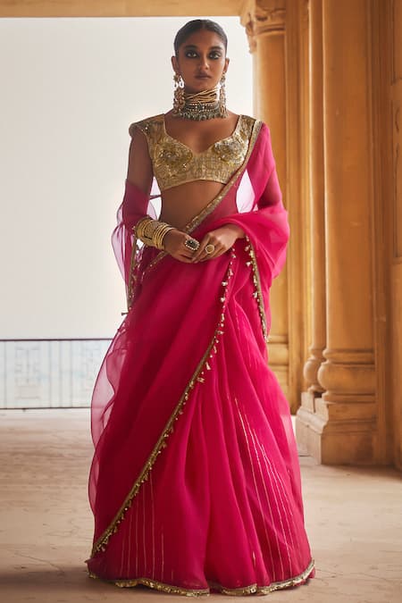 Megha Bansal Pink Silk Organza Embroidered Crystal Gulesha Embellished Saree With Blouse 