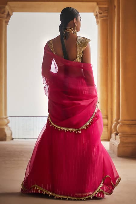 Shop_Megha Bansal_Gold Organza, Sequins, Crystals, Pink Embroidered Designer Saree Set _at_Aza_Fashions