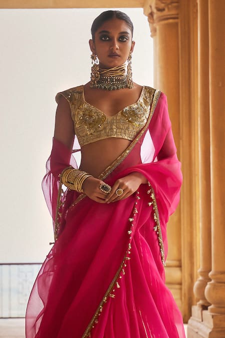 Megha Bansal Gold Organza, Sequins, Crystals, Pink Embroidered Designer Saree Set Online at Aza Fashions Megha Bansal_Gold Organza, Sequins, Crystals, Pink Embroidered Designer Saree Set _Online_at_Aza_Fashions