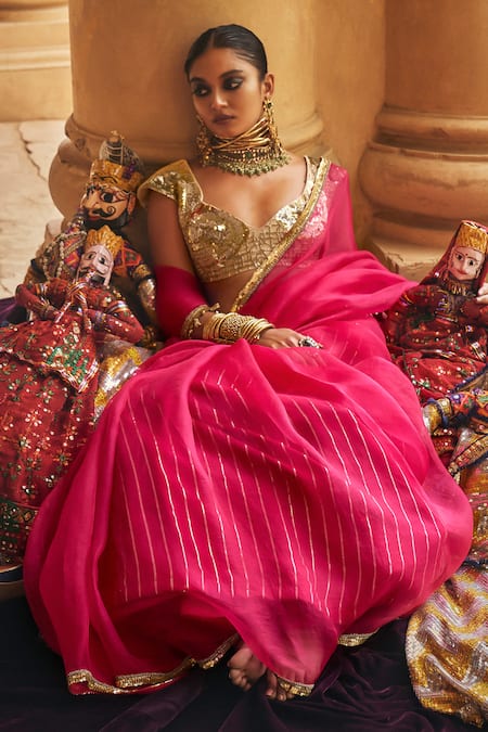 Buy Megha Bansal Gold Organza, Sequins, Crystals, Pink Embroidered Designer Saree Set Online at Aza Fashions Buy_Megha Bansal_Gold Organza, Sequins, Crystals, Pink Embroidered Designer Saree Set _Online_at_Aza_Fashions
