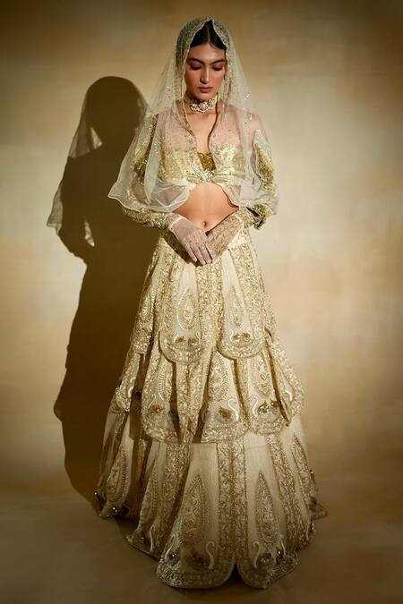 Buy_Megha Bansal_Beige Silk Organza, Jannat Petal Cutdana Embroidered Lehenga With Blouse _Online_at_Aza_Fashions