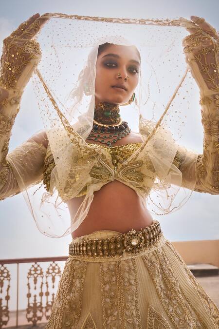 Shop_Megha Bansal_Beige Silk Organza, Jannat Petal Cutdana Embroidered Lehenga With Blouse _Online_at_Aza_Fashions
