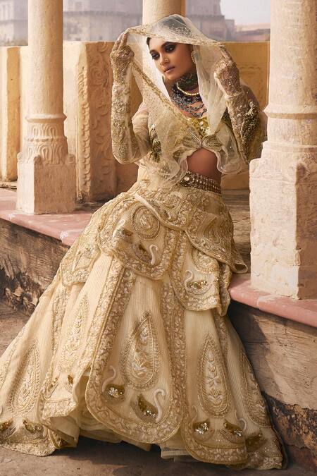 Megha Bansal_Beige Silk Organza, Jannat Petal Cutdana Embroidered Lehenga With Blouse _at_Aza_Fashions
