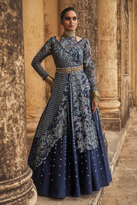 Megha Bansal Neel Falguni Sequin Embellished Lehenga With Achkan Kurta 