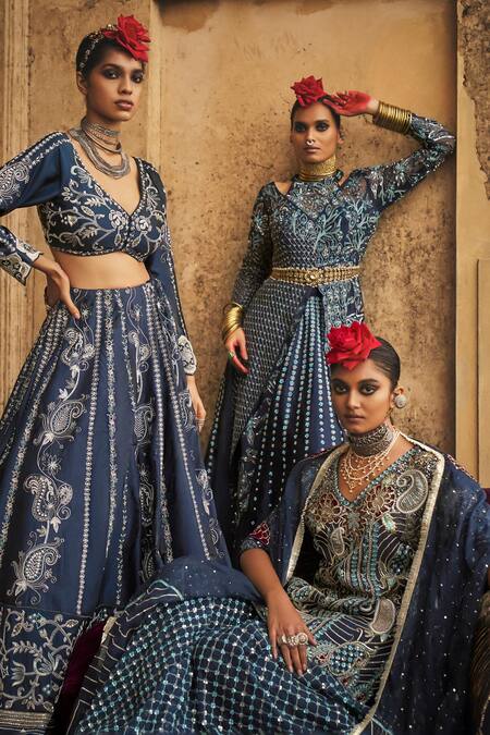 Megha Bansal_Blue Silk, Tulle, Viscose Neel Falguni Embellished Lehenga With Achkan Kurta _Online_at_Aza_Fashions