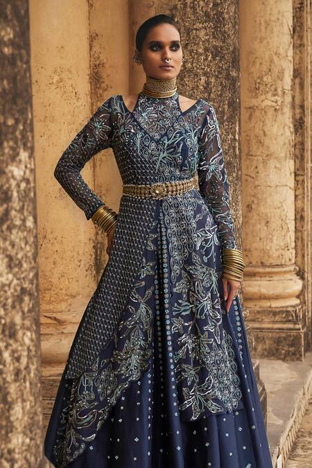 Buy_Megha Bansal_Blue Silk, Tulle, Viscose Neel Falguni Embellished Lehenga With Achkan Kurta _Online_at_Aza_Fashions