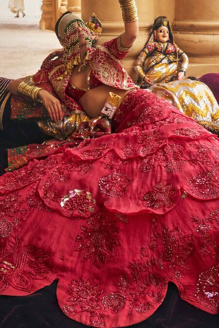 Megha Bansal_Red Silk Organza, Viscose, Tulle Surkh Pyaari Jaan Embellished Lehenga Set _Online_at_Aza_Fashions