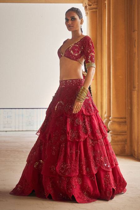 Buy_Megha Bansal_Red Silk Organza, Viscose, Tulle Surkh Pyaari Jaan Embellished Lehenga Set _Online_at_Aza_Fashions