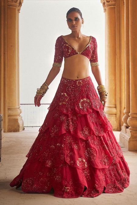 Shop_Megha Bansal_Red Silk Organza, Viscose, Tulle Surkh Pyaari Jaan Embellished Lehenga Set _Online_at_Aza_Fashions