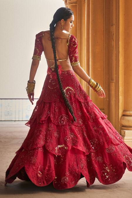 Megha Bansal_Red Silk Organza, Viscose, Tulle Surkh Pyaari Jaan Embellished Lehenga Set _at_Aza_Fashions