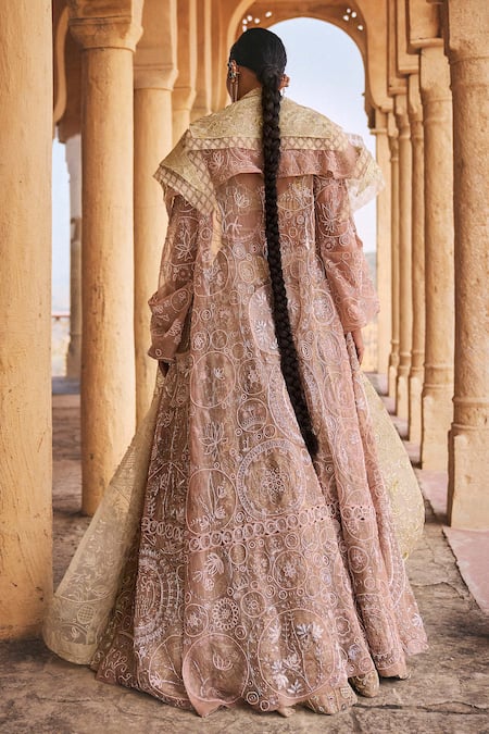 Megha Bansal Chaand Vrit Pearl Embroidered Lehenga Trench Coat Set 