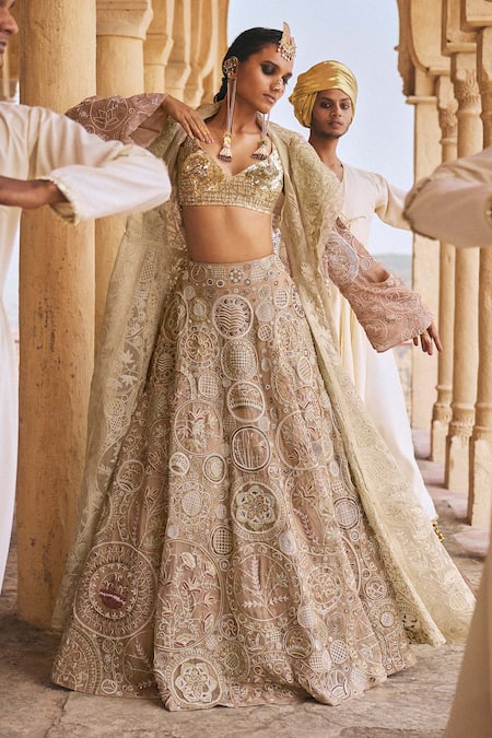 Megha Bansal_Beige Silk Organza, Linen, Chaand Vrit Embroidered Lehenga Trench Coat Set _Online_at_Aza_Fashions