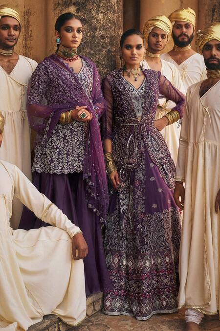 Megha Bansal Purple Matka Silk Naazneen Cutdana Embellished Lehenga Petal Cut Set For Women