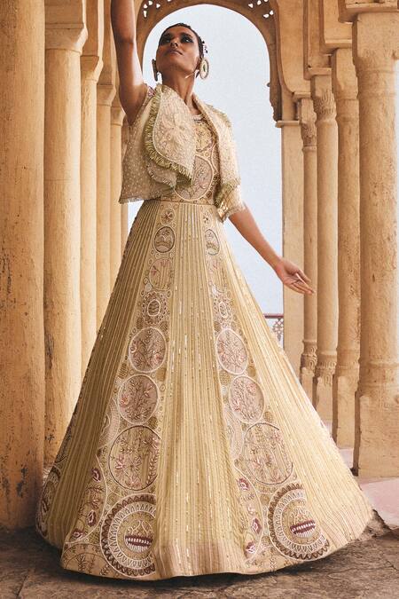 Megha Bansal_Beige Chiffon, Silk Satin, Viscose Mir Vrit Embellished Anarkali With Dupatta _Online_at_Aza_Fashions