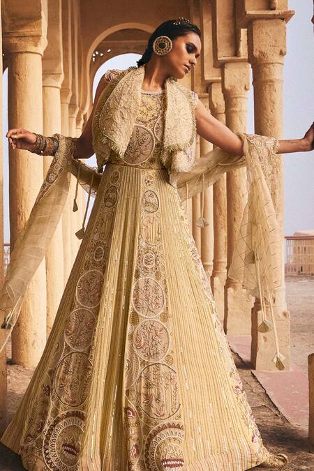 Buy_Megha Bansal_Beige Chiffon, Silk Satin, Viscose Mir Vrit Embellished Anarkali With Dupatta _Online_at_Aza_Fashions