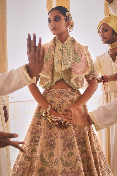 Megha Bansal_Beige Silk, Tulle, Viscose Palam Jahaan Floral Embellished Lehenga Gillet Set _Online_at_Aza_Fashions