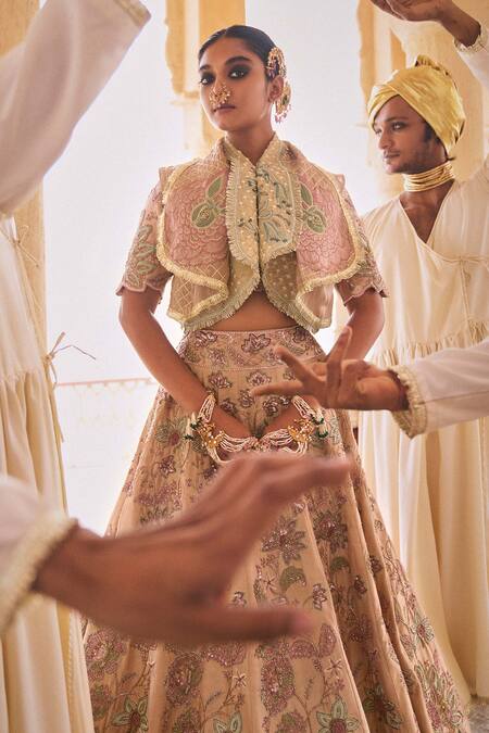 Buy_Megha Bansal_Beige Silk, Tulle, Viscose Palam Jahaan Floral Embellished Lehenga Gillet Set _Online_at_Aza_Fashions