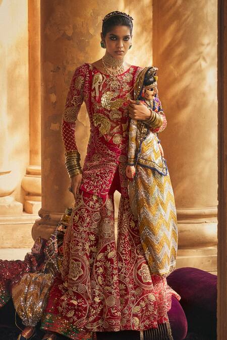 Megha Bansal_Red Silk Organza, Tulle, Viscose Zari, Beads Mithu Mayur Vrit Kurta Gharara Set _Online_at_Aza_Fashions