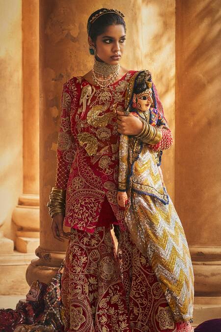 Buy_Megha Bansal_Red Silk Organza, Tulle, Viscose Zari, Beads Mithu Mayur Vrit Kurta Gharara Set _Online_at_Aza_Fashions
