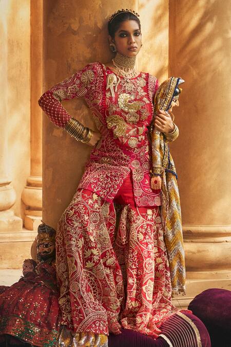 Shop_Megha Bansal_Red Silk Organza, Tulle, Viscose Zari, Beads Mithu Mayur Vrit Kurta Gharara Set _Online_at_Aza_Fashions