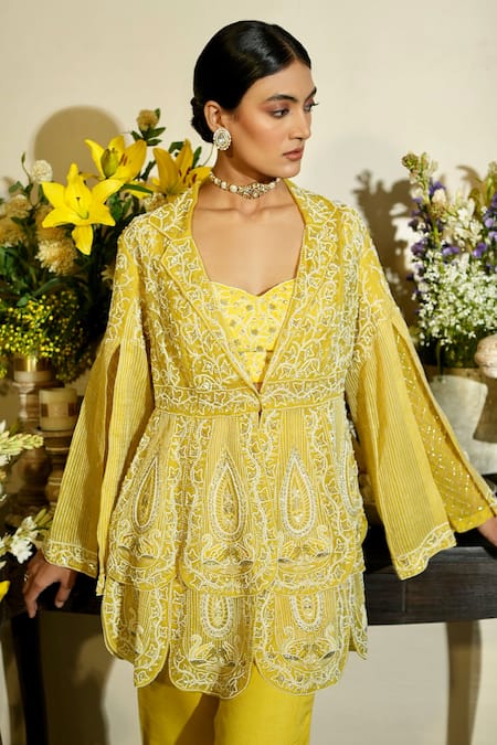 Megha Bansal Yellow Organza, Viscose, Beads, Junaira Hans Petal Jacket Pant Set Online at Aza Fashions Megha Bansal_Yellow Organza, Viscose, Beads, Junaira Hans Petal Jacket Pant Set _Online_at_Aza_Fashions