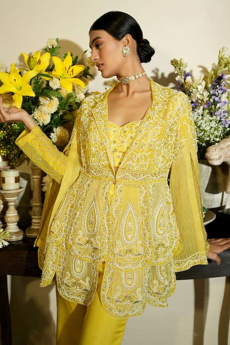 Buy Megha Bansal Yellow Organza, Viscose, Beads, Junaira Hans Petal Jacket Pant Set Online at Aza Fashions Buy_Megha Bansal_Yellow Organza, Viscose, Beads, Junaira Hans Petal Jacket Pant Set _Online_at_Aza_Fashions