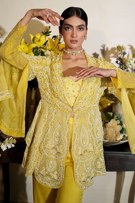 Shop Megha Bansal Yellow Organza, Viscose, Beads, Junaira Hans Petal Jacket Pant Set Online at Aza Fashions Shop_Megha Bansal_Yellow Organza, Viscose, Beads, Junaira Hans Petal Jacket Pant Set _Online_at_Aza_Fashions