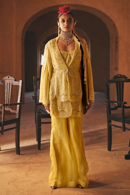 Buy_Megha Bansal_Yellow Organza, Viscose, Beads, Junaira Hans Petal Jacket Pant Set 
