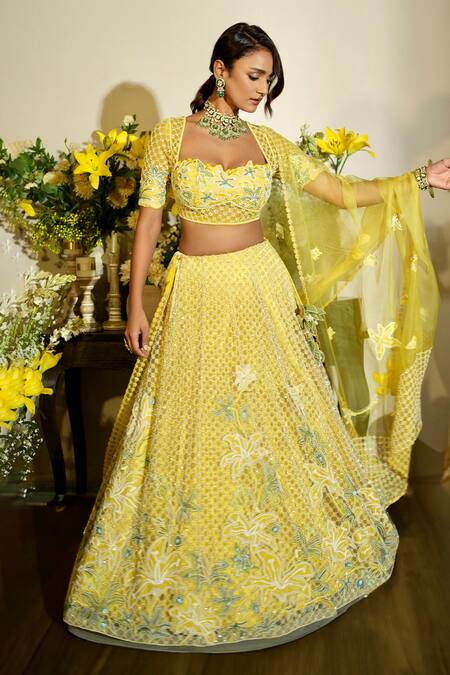 Megha Bansal Yellow Tulle Hand Embroidery Floral Lillah Bahaar Bridal Lehenga Set 