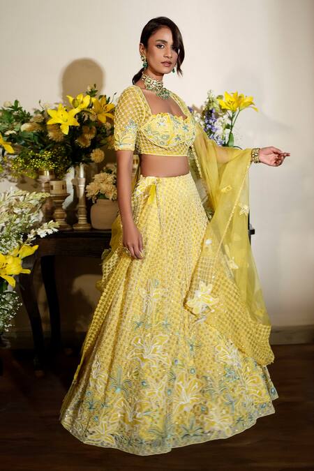 Megha Bansal Yellow Silk Organza, Linen, Tulle Beads, Lillah Bahaar Hand Bridal Lehenga Set Online at Aza Fashions Megha Bansal_Yellow Silk Organza, Linen, Tulle Beads, Lillah Bahaar Hand Bridal Lehenga Set _Online_at_Aza_Fashions