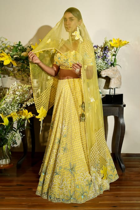 Shop Megha Bansal Yellow Silk Organza, Linen, Tulle Beads, Lillah Bahaar Hand Bridal Lehenga Set Online at Aza Fashions Shop_Megha Bansal_Yellow Silk Organza, Linen, Tulle Beads, Lillah Bahaar Hand Bridal Lehenga Set _Online_at_Aza_Fashions