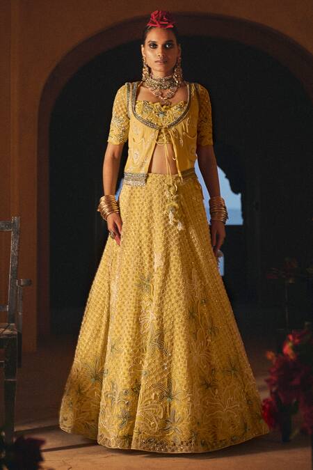 Megha Bansal_Yellow Tulle, Silk Lillah Bahaar Hand Embroidered Lehenga Jacket Blouse Set _Online_at_Aza_Fashions
