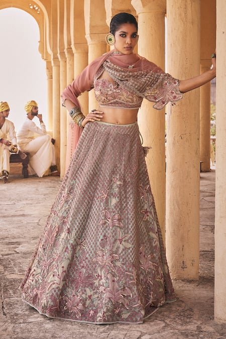 Megha Bansal Green Tulle Hand Embroidery Flower Grid Square Keya Aayat Bridal Lehenga Set 